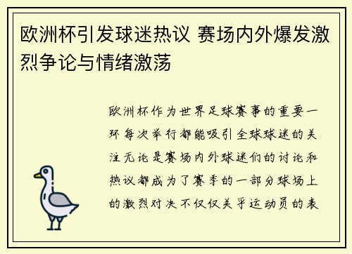 欧洲杯引发球迷热议 赛场内外爆发激烈争论与情绪激荡
